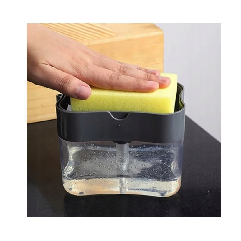 Dozator, Dispenser 2 in 1 pentru Detergent Lichid de Vase sau pentru Obiecte Sanitare cu Suport pentru Burete de Bucatarie ,14 x 10.5 x 10 cm, capacitate 380 ml, negru