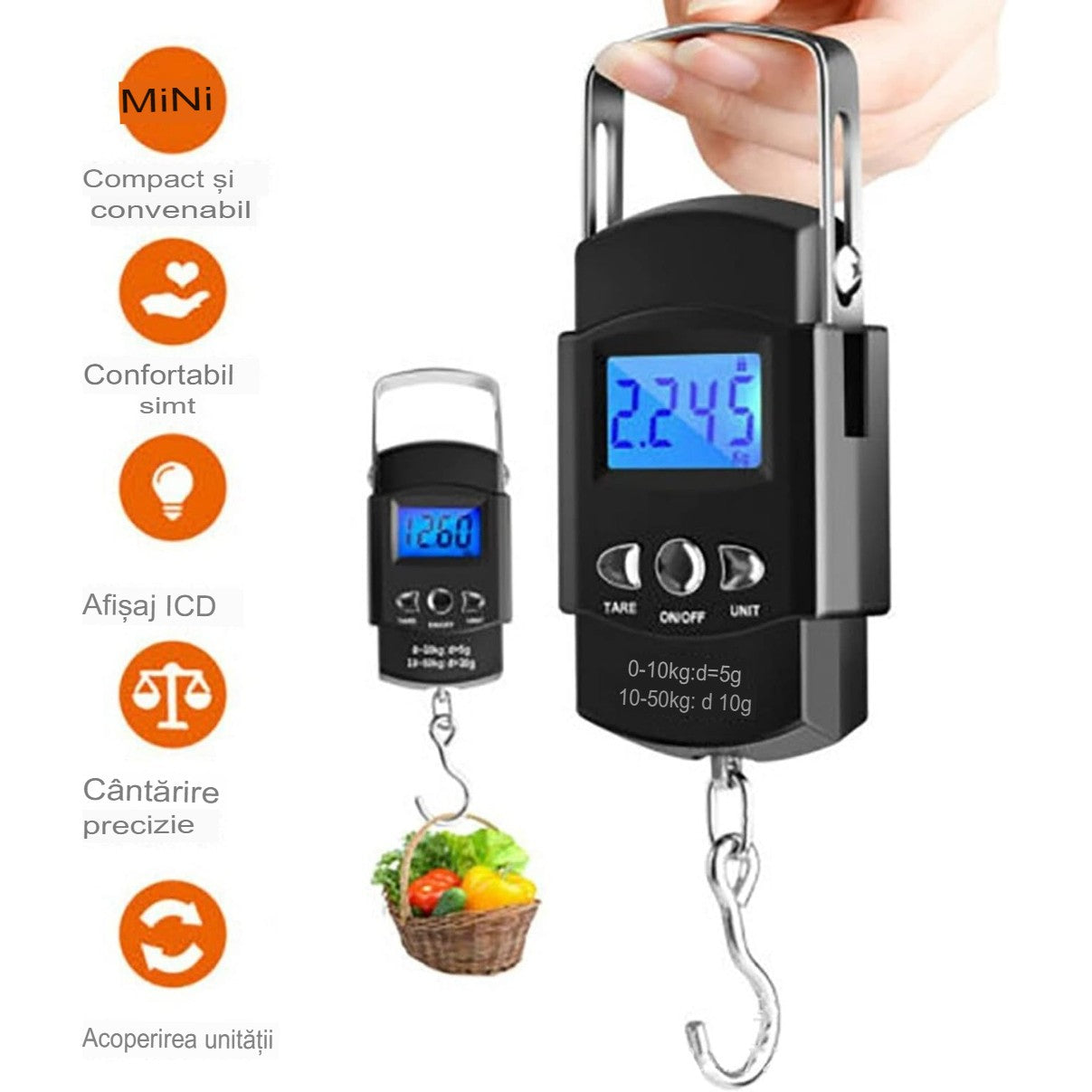Cantar Digital de Mana cu Carlig, Cantar Portabil, Pescuit, cu Maner, Capacitate 50 kg, cu Metru Incorporat, 20.5 x 6 x 2.5 cm, Negru
