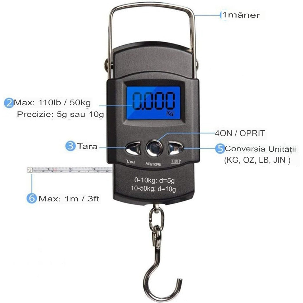 Cantar Digital de Mana cu Carlig, Cantar Portabil, Pescuit, cu Maner, Capacitate 50 kg, cu Metru Incorporat, 20.5 x 6 x 2.5 cm, Negru