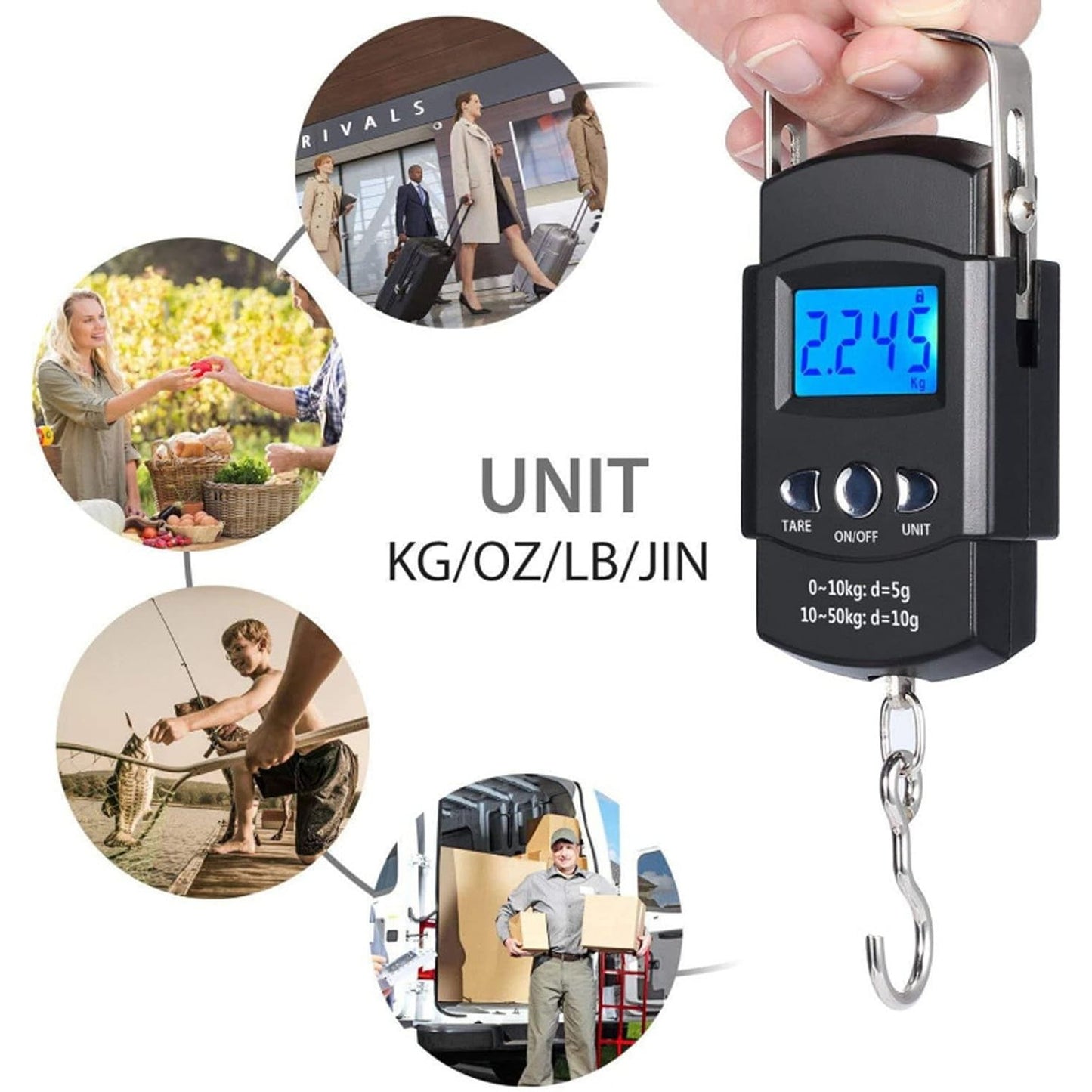 Cantar Digital de Mana cu Carlig, Cantar Portabil, Pescuit, cu Maner, Capacitate 50 kg, cu Metru Incorporat, 20.5 x 6 x 2.5 cm, Negru