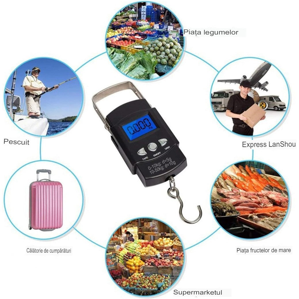 Cantar Digital de Mana cu Carlig, Cantar Portabil, Pescuit, cu Maner, Capacitate 50 kg, cu Metru Incorporat, 20.5 x 6 x 2.5 cm, Negru