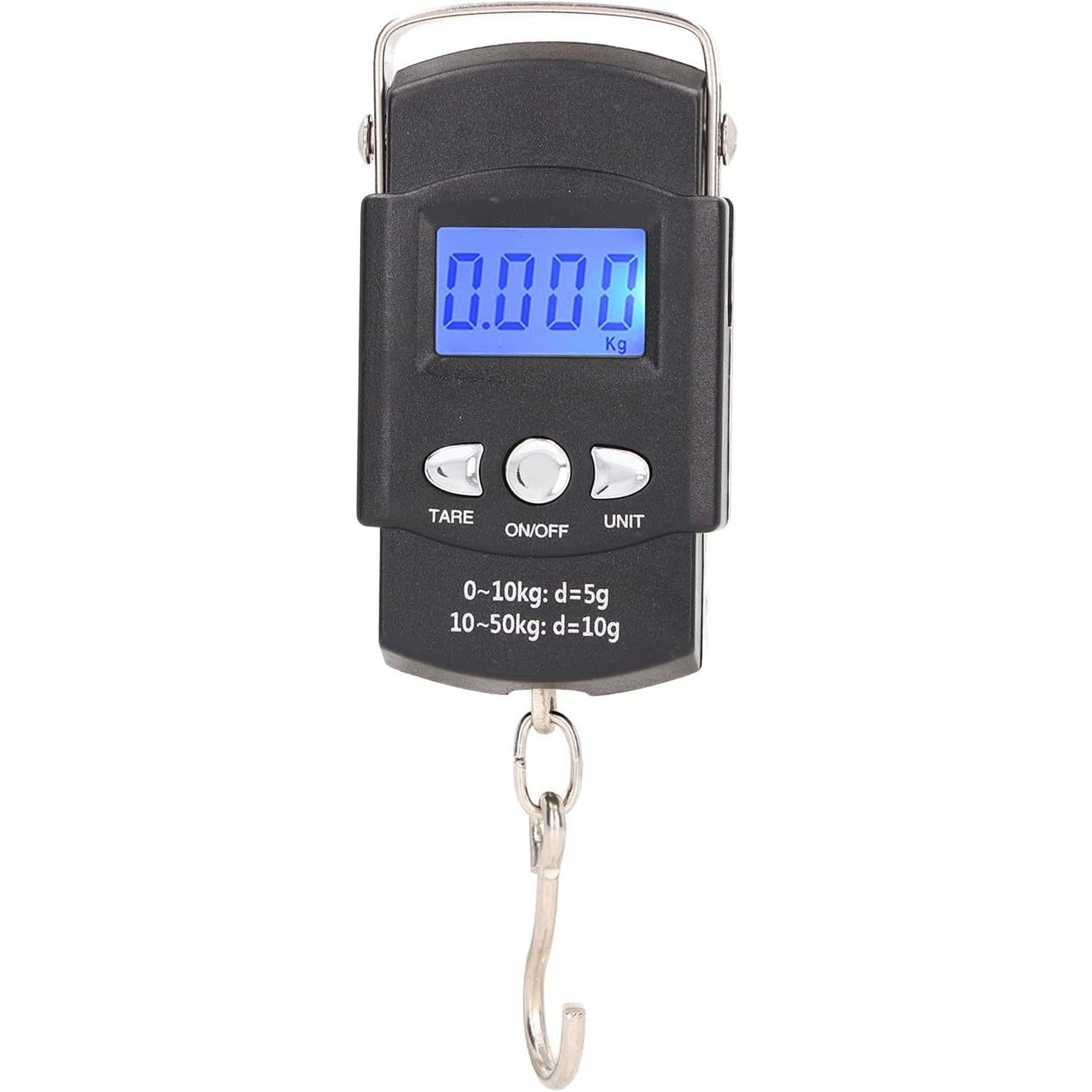 Cantar Digital de Mana cu Carlig, Cantar Portabil, Pescuit, cu Maner, Capacitate 50 kg, cu Metru Incorporat, 20.5 x 6 x 2.5 cm, Negru