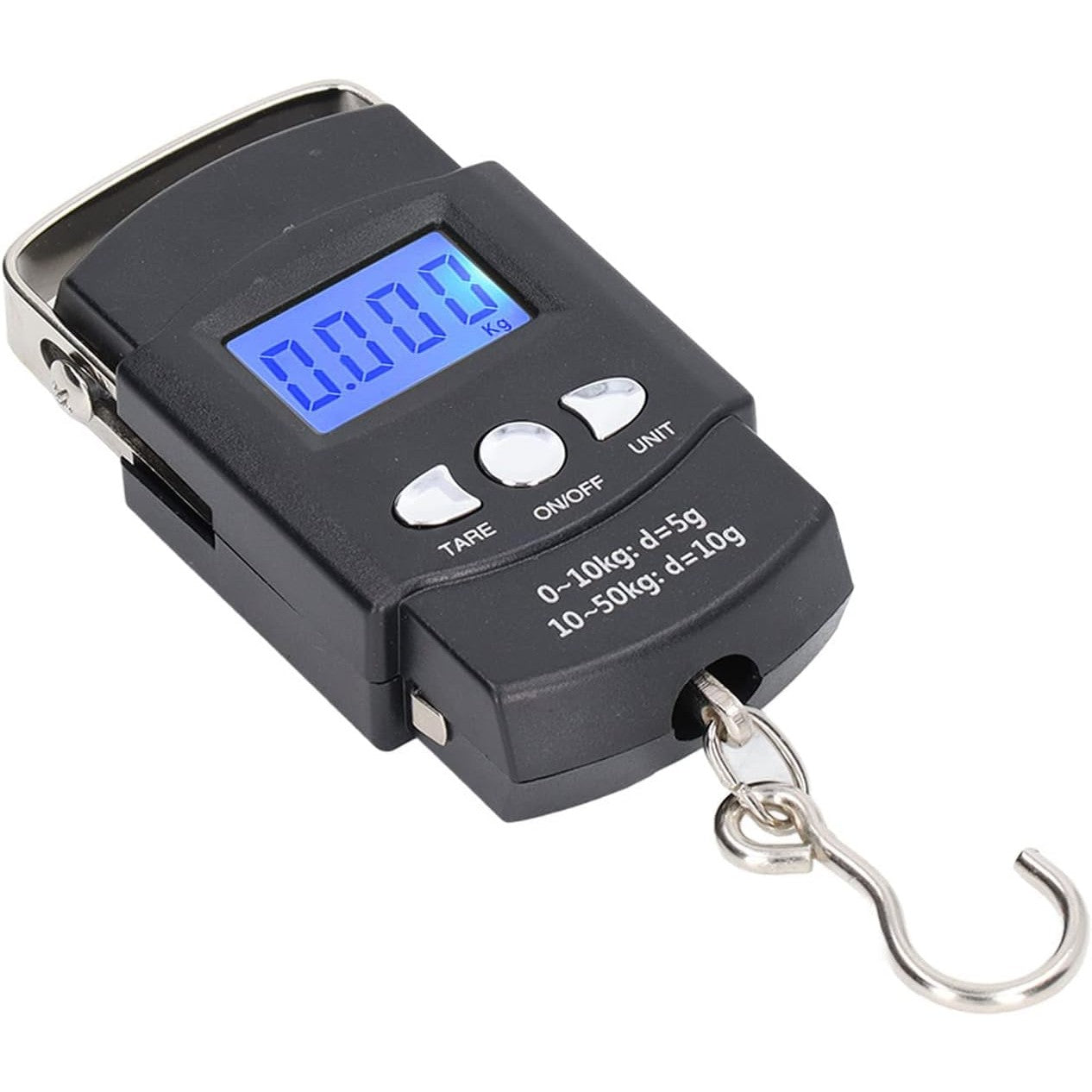 Cantar Digital de Mana cu Carlig, Cantar Portabil, Pescuit, cu Maner, Capacitate 50 kg, cu Metru Incorporat, 20.5 x 6 x 2.5 cm, Negru