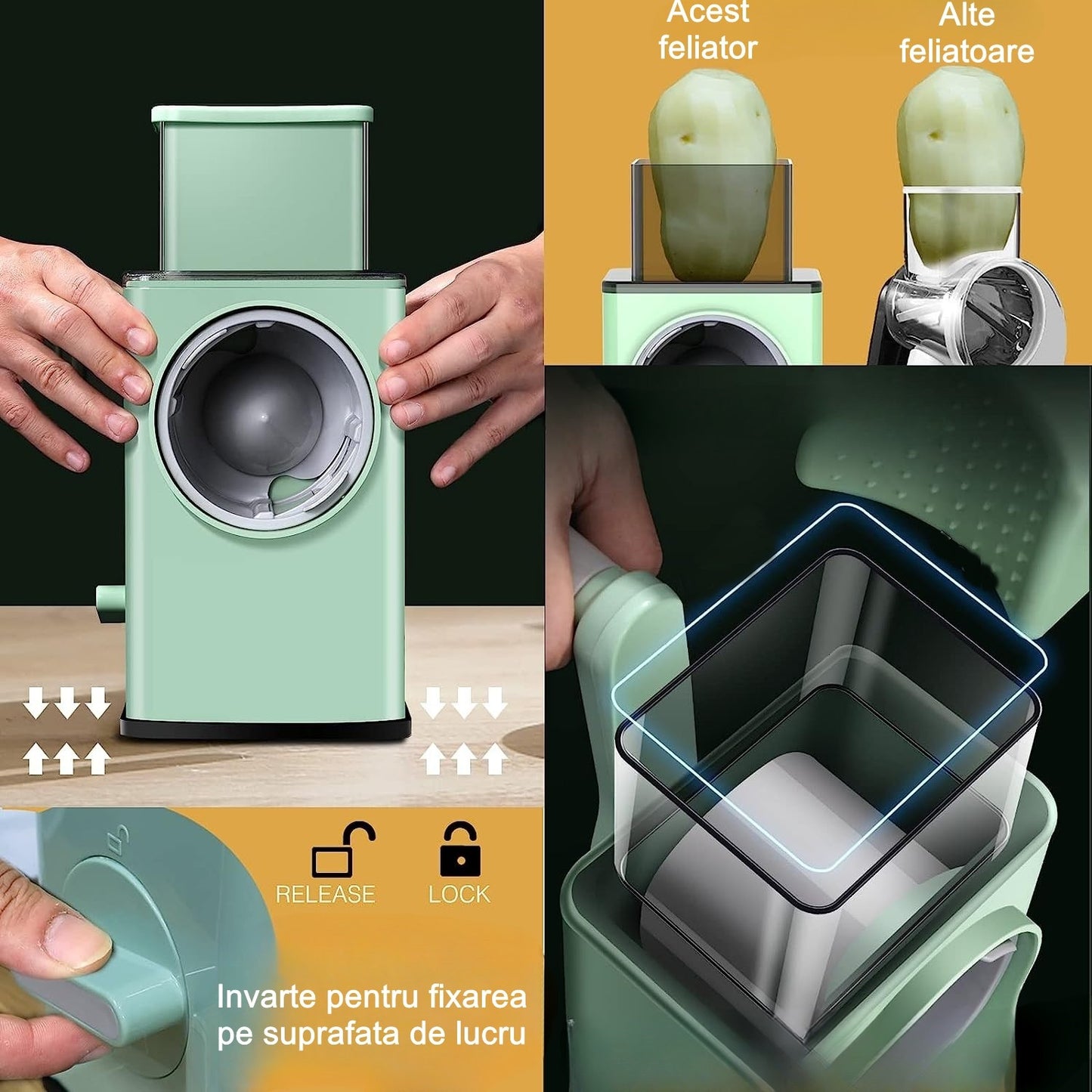 Feliator manual pentru legume, 3 lame din otel inxodabil, 3 tipuri de feliere, material carcasa ABS, latime maxima feliere 4 mm, baza de tip ventuza, usor si sigur de utilizat, 28.5 x 9,2 x 13.5 cm, verde