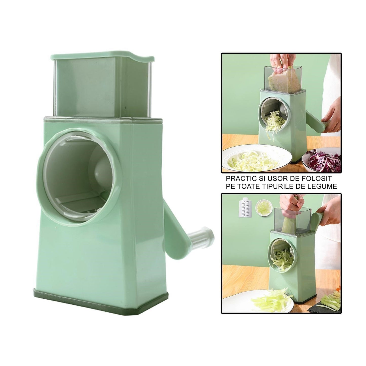 Feliator manual pentru legume, 3 lame din otel inxodabil, 3 tipuri de feliere, material carcasa ABS, latime maxima feliere 4 mm, baza de tip ventuza, usor si sigur de utilizat, 28.5 x 9,2 x 13.5 cm, verde