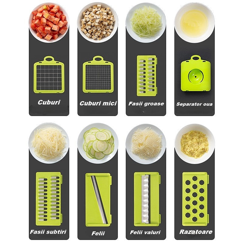 Feliator Multifunctional, Razatoare, 8 in 1, pentru Fructe si Legume, 10 Piese, Lame de Inox, Recipient Stocare, Separator Oua, Protectie Mana, ABS, 67.5x38.5x49.5 cm, Verde/Alb
