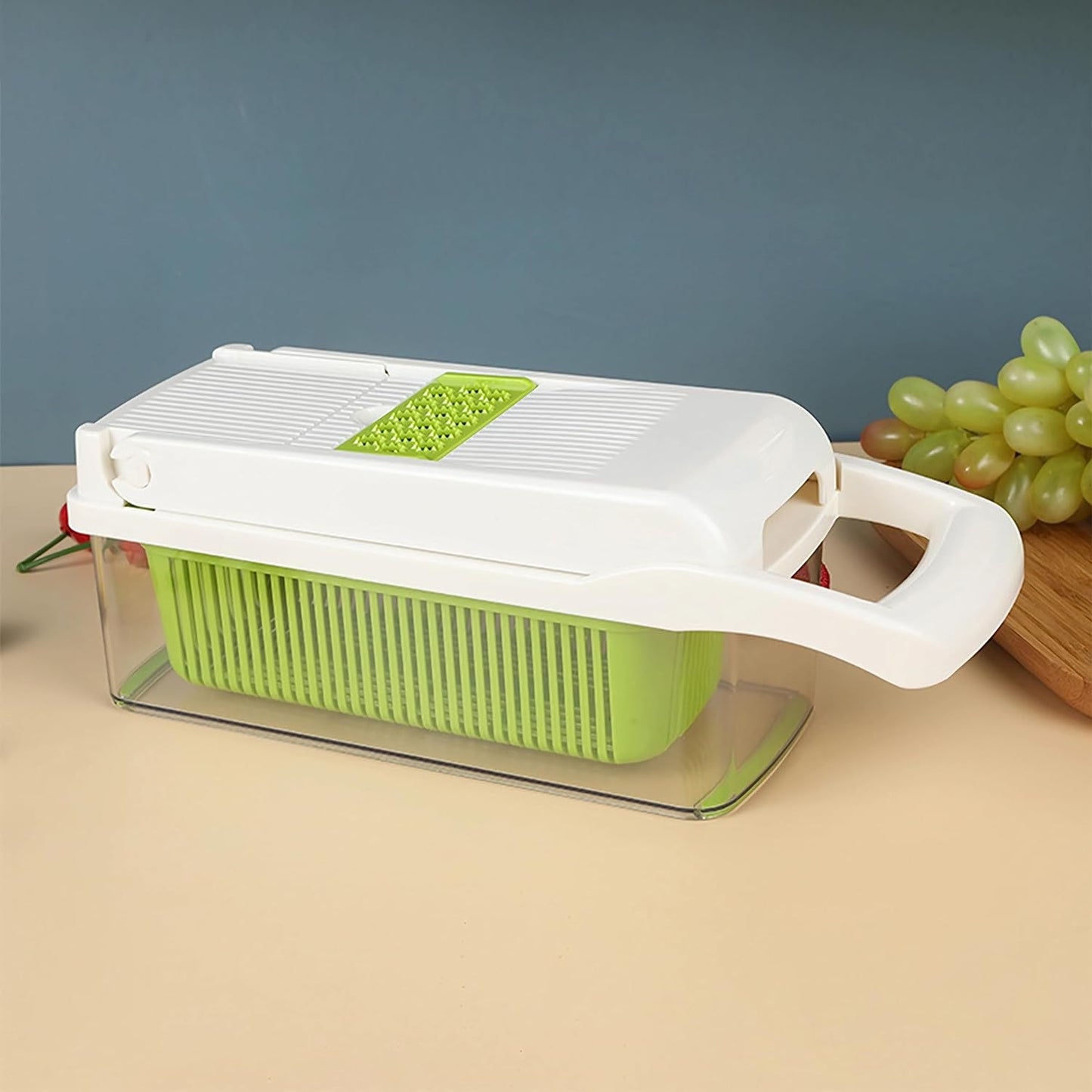 Feliator Multifunctional, Razatoare, 8 in 1, pentru Fructe si Legume, 10 Piese, Lame de Inox, Recipient Stocare, Separator Oua, Protectie Mana, ABS, 67.5x38.5x49.5 cm, Verde/Alb