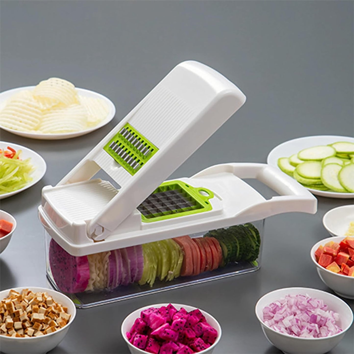 Feliator Multifunctional, Razatoare, 8 in 1, pentru Fructe si Legume, 10 Piese, Lame de Inox, Recipient Stocare, Separator Oua, Protectie Mana, ABS, 67.5x38.5x49.5 cm, Verde/Alb