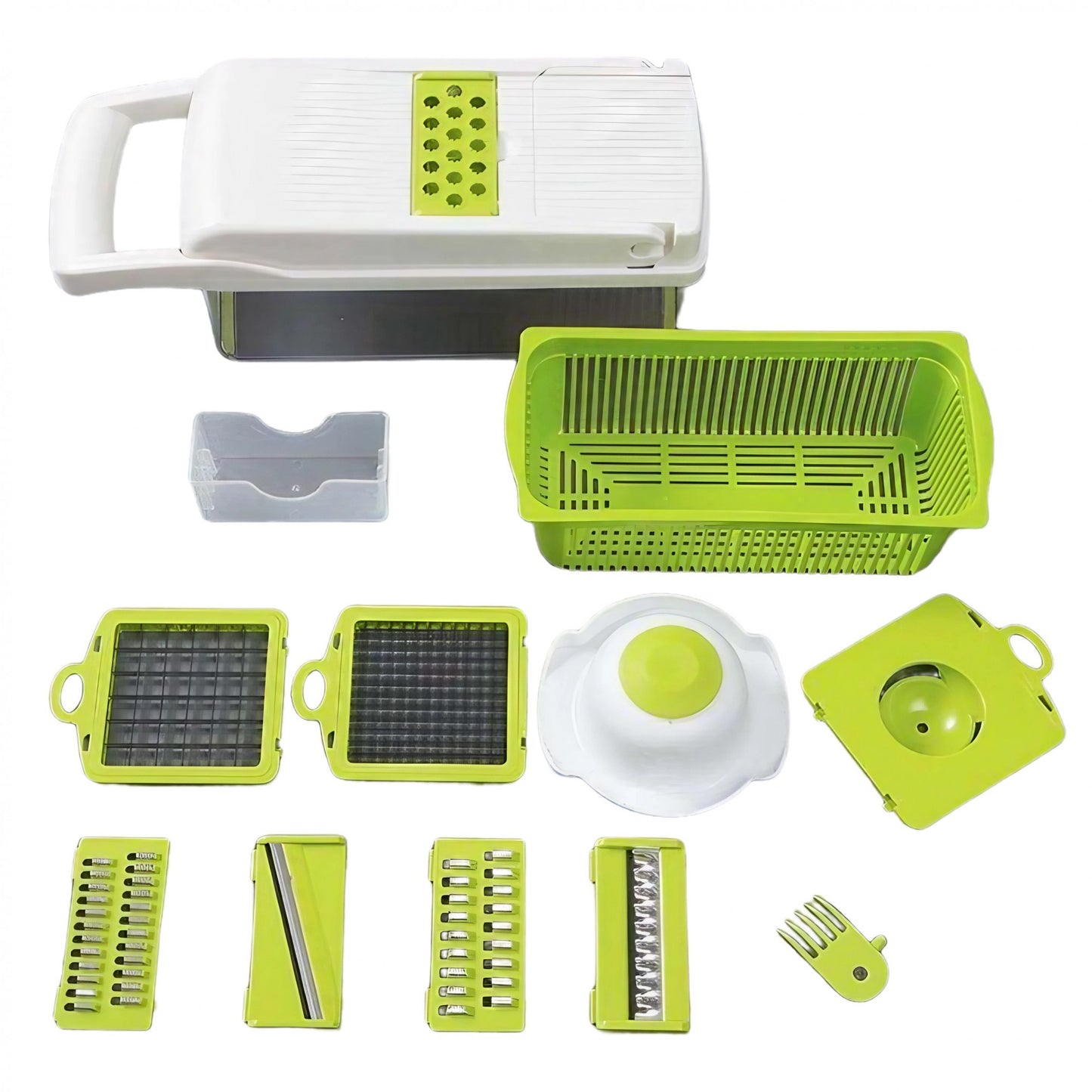 Feliator Multifunctional, Razatoare, 8 in 1, pentru Fructe si Legume, 10 Piese, Lame de Inox, Recipient Stocare, Separator Oua, Protectie Mana, ABS, 67.5x38.5x49.5 cm, Verde/Alb