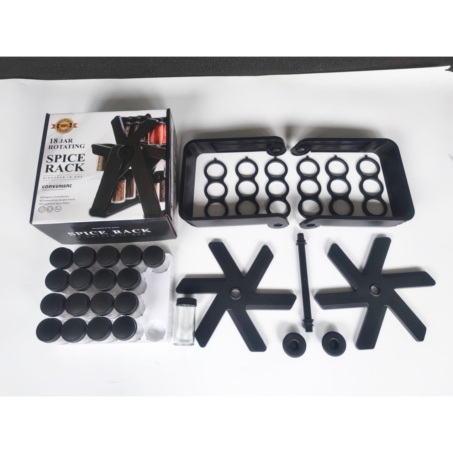 Suport Pentru Condimente Rotativ, Multifunctional, Pivotant 360°, Portabil, Usor de Montat, 34x23 cm, ABS/Sticla, Negru
