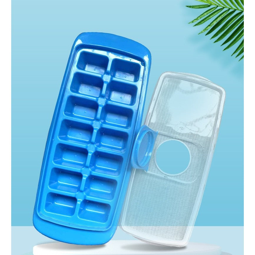 Forma pentru cuburi de gheata, 14 cuburi, reutilizabil, plastic alimentar, cu capac, orificiu umplere, dreptunghiulara, 29.5 x 12.5 x4 cm, albastru