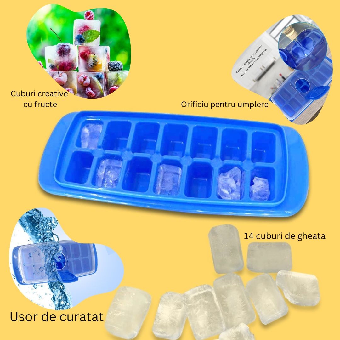 Forma pentru cuburi de gheata, 14 cuburi, reutilizabil, plastic alimentar, cu capac, orificiu umplere, dreptunghiulara, 29.5 x 12.5 x4 cm, albastru