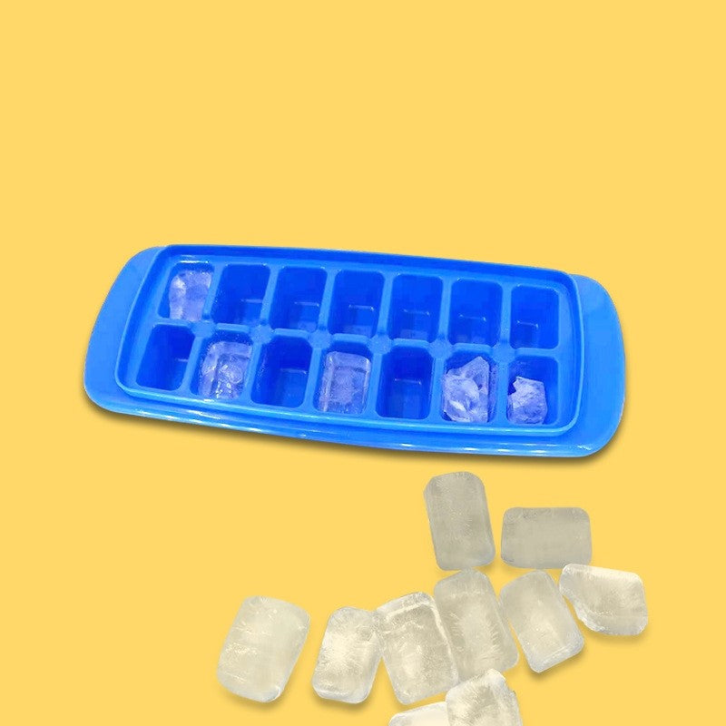 Forma pentru cuburi de gheata, 14 cuburi, reutilizabil, plastic alimentar, cu capac, orificiu umplere, dreptunghiulara, 29.5 x 12.5 x4 cm, albastru