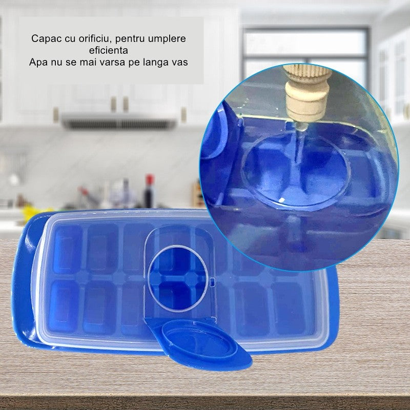 Forma pentru cuburi de gheata, 14 cuburi, reutilizabil, plastic alimentar, cu capac, orificiu umplere, dreptunghiulara, 29.5 x 12.5 x4 cm, albastru
