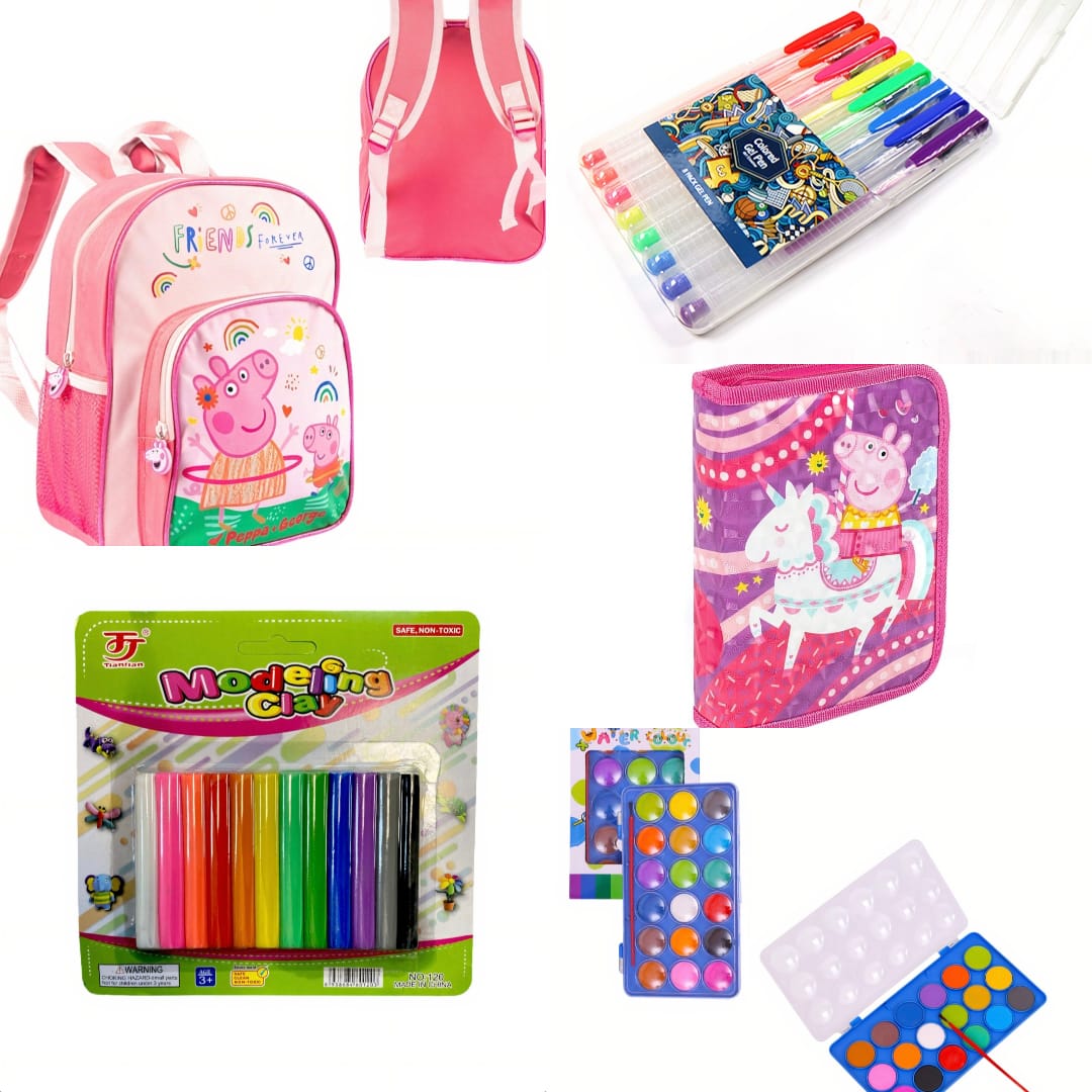 Ghiozdan Peppa Pig Echipat cu Penar + Acuarele + Set pixuri cu gel + Plastelina 6 ani +