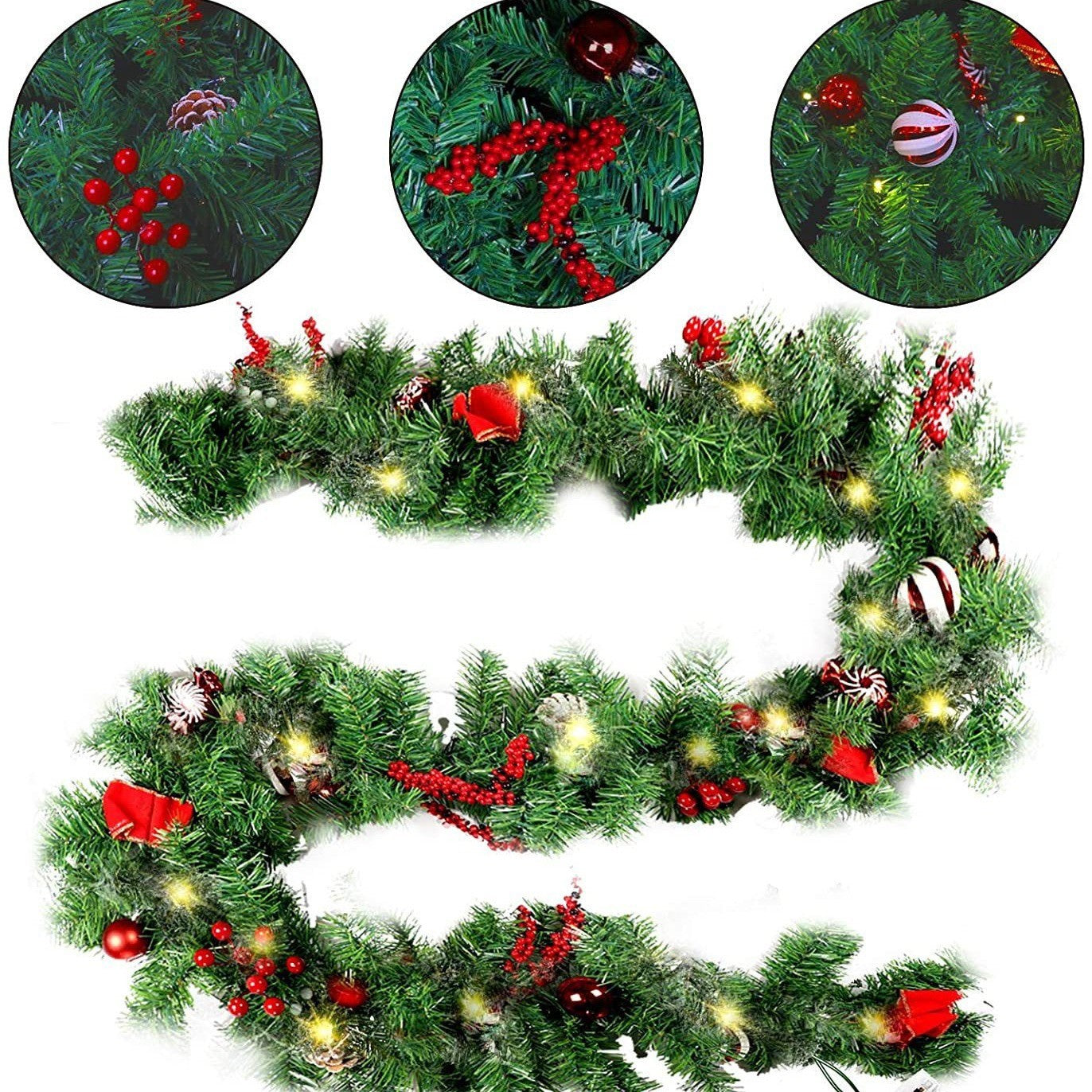 Ghirlanda de Craciun, din Brad Artificial cu Decoratiuni, cu Baterii, 30 LED-uri, 180 cm, Verde