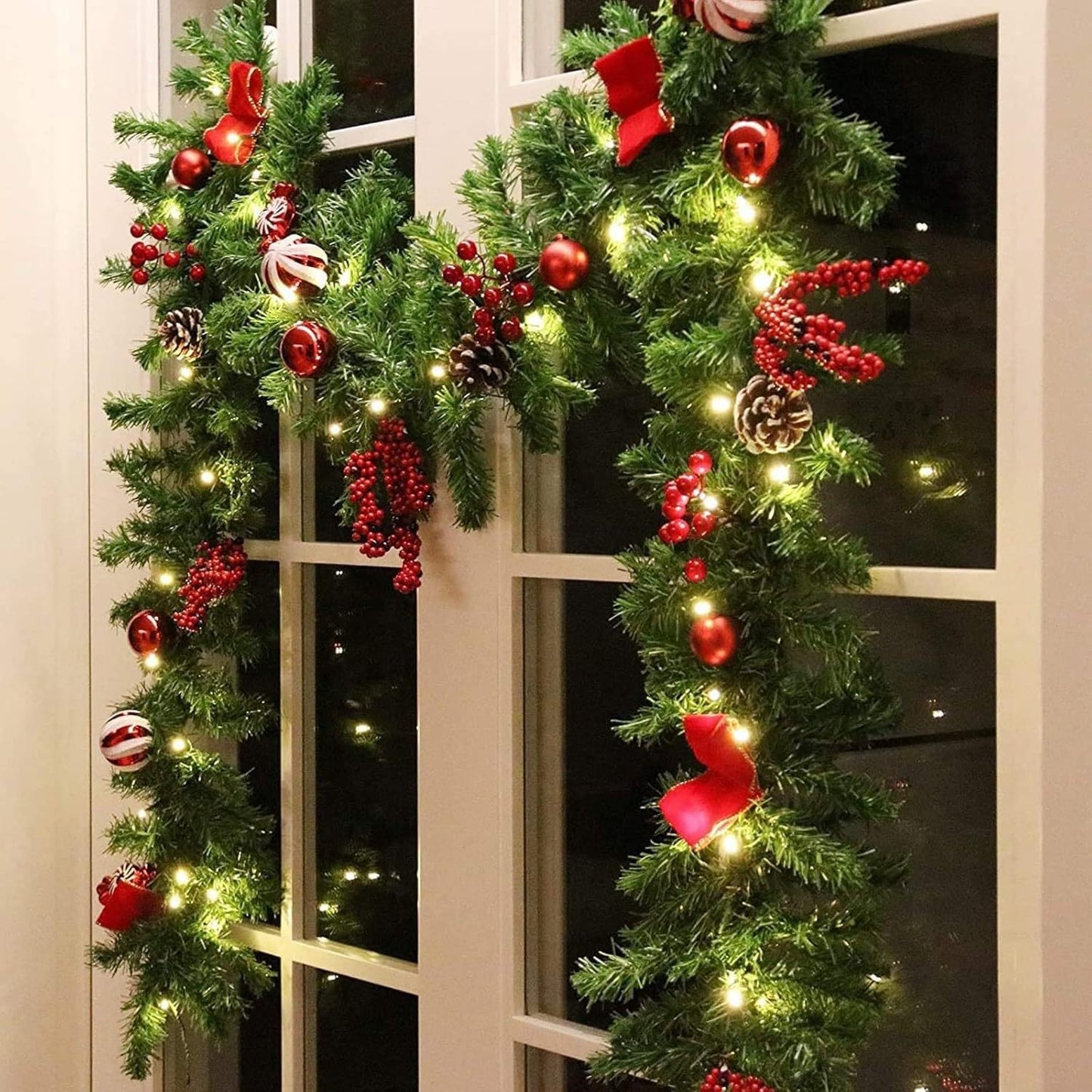 Ghirlanda de Craciun, din Brad Artificial cu Decoratiuni, cu Baterii, 30 LED-uri, 180 cm, Verde
