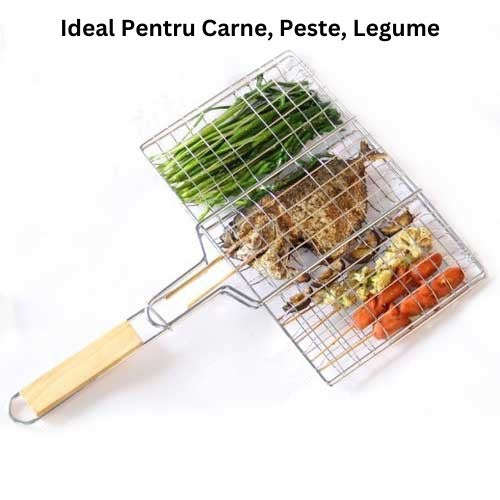 Gratar pentru Peste si Carne, Suprafata Utila 32x19 cm, Otel Inoxidabil, cu Maner, Portabil, Argintiu