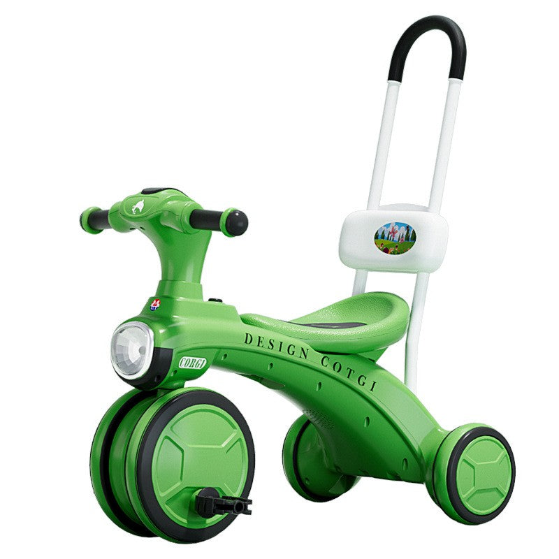 Tricicleta pentru copii, pedalare, impingere, lumini si sunete, pedale antiderapante, material dur, cos depozitare, varsta peste 18 luni, 80x40x52 cm, verde