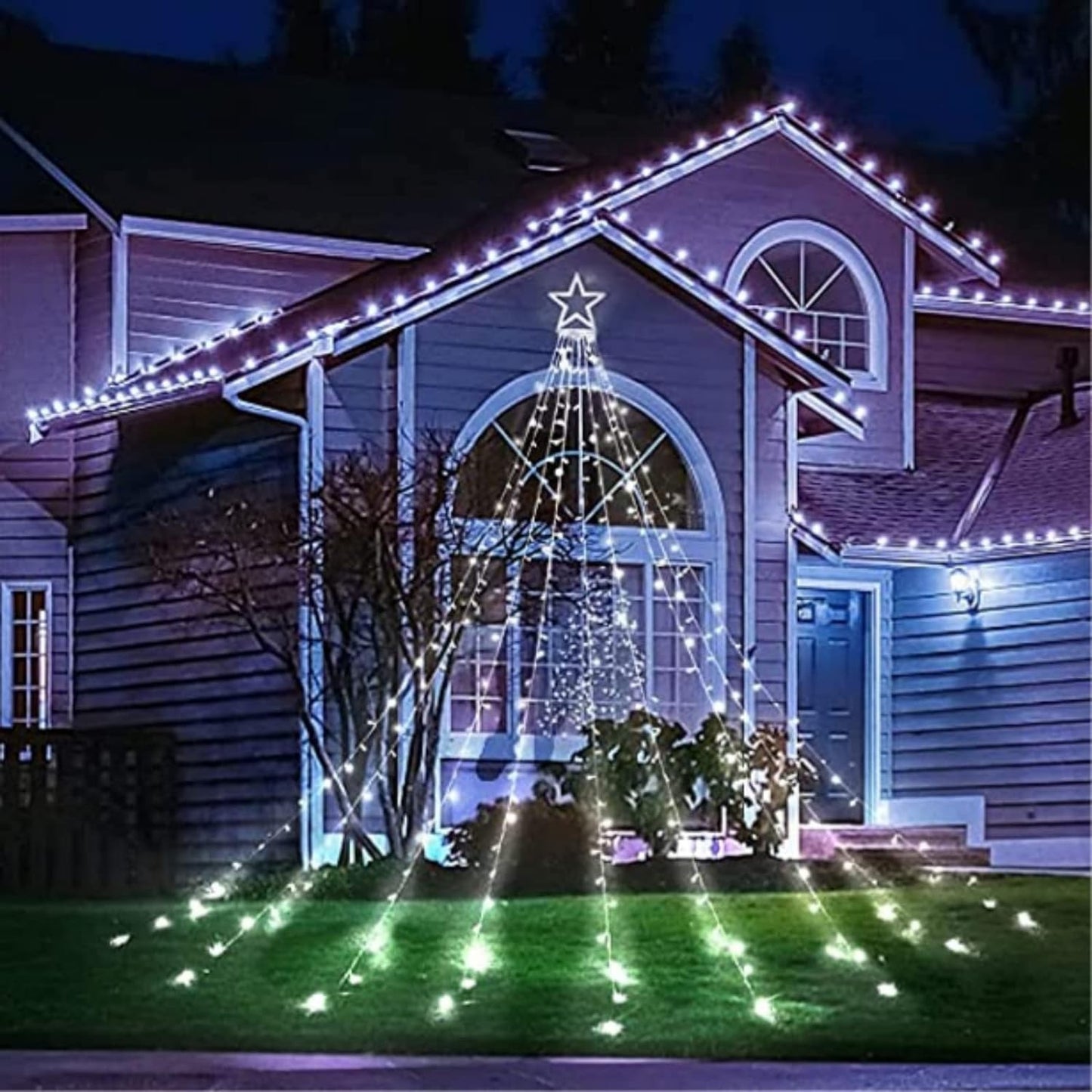Instalatie lumisoasa solara de exterior, tip perdea cu varf, 350 led