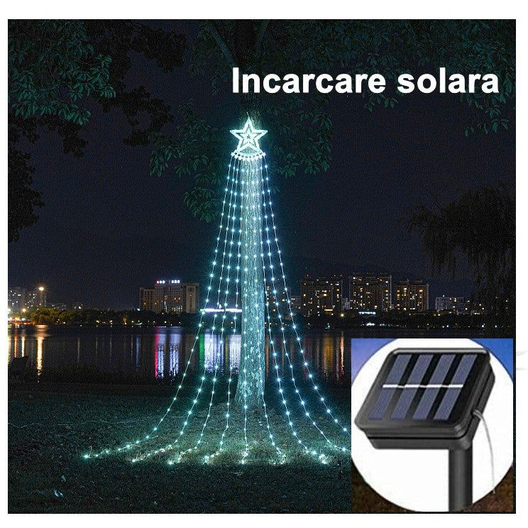 Instalatie lumisoasa solara de exterior, tip perdea cu varf, 350 led