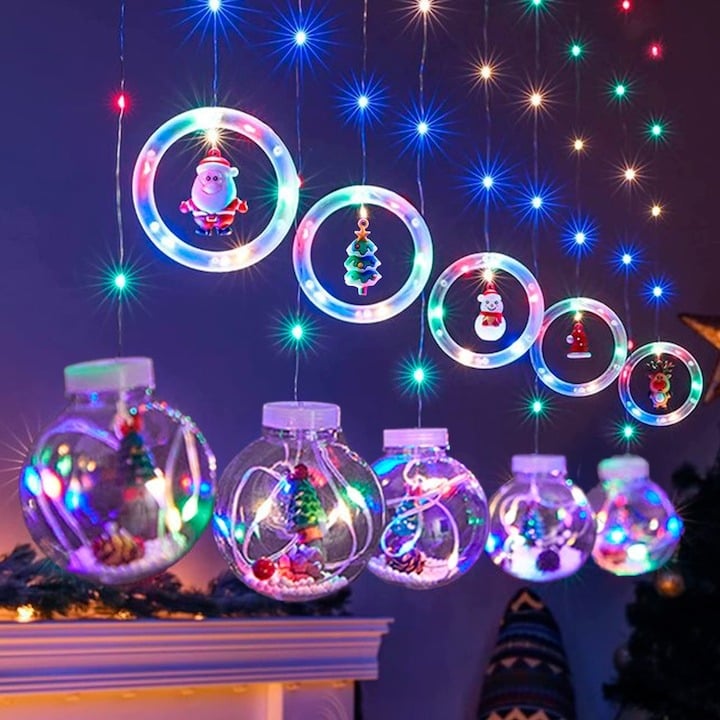 Instalatie de Craciun, Tip Perdea Luminoasa, 5 globuri si 5 cercuri, LED, Multicolor, 3M