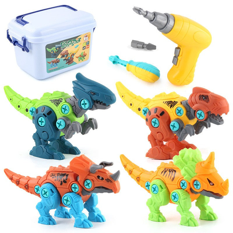 Set de Constructie/Asamblare, 4 Dinozauri, cu Bormasina Electrica, Baterii 2 x AA, Surubelnita si Cutie Depozitare, 22.5 x 14.5 x 15 cm, Multicolor