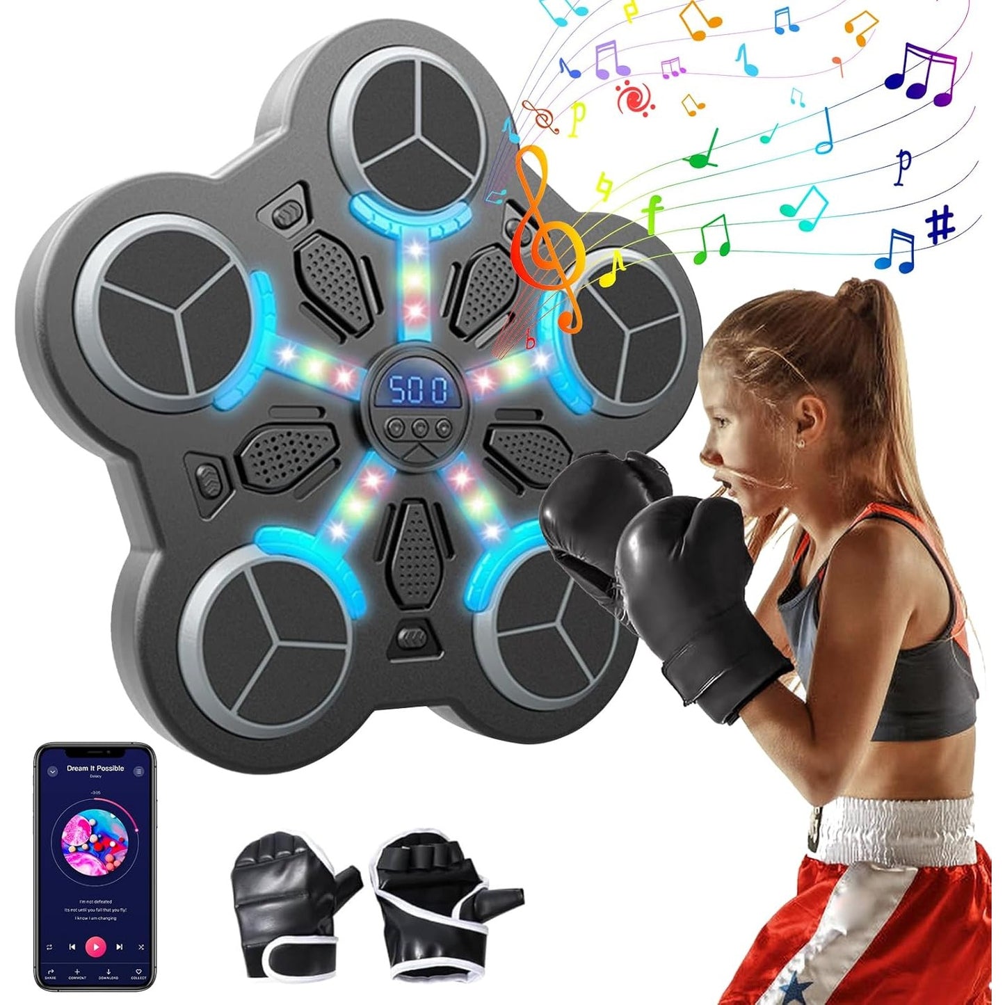 Jucarie de Boxat cu Muzica si Lumini, Manusi Incluse, Bluetooth, Incarcare USB, Aplicare cu Ventuze, 5 Tinte, 33x33x4.5 cm, 930 g, Negru
