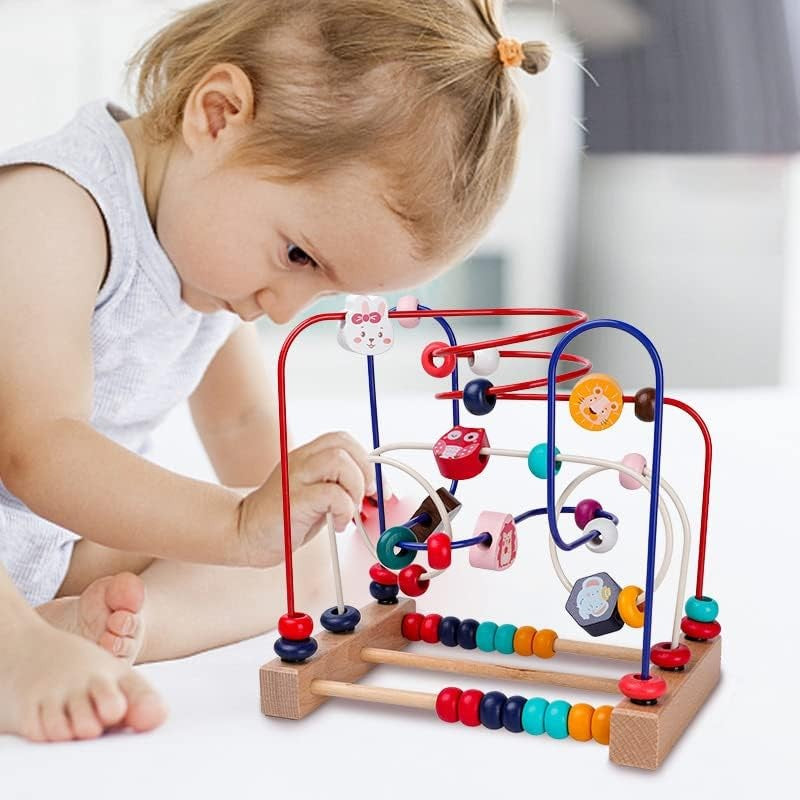 Jucarie din Lemn Montessori, Labirint Motricitate cu Abac si Animalute, Rollercoaster pentru Copii, Educativ, Dezvoltarea Abilitatilor Motorii, Numaratoare, 22.5x22.5x15 cm