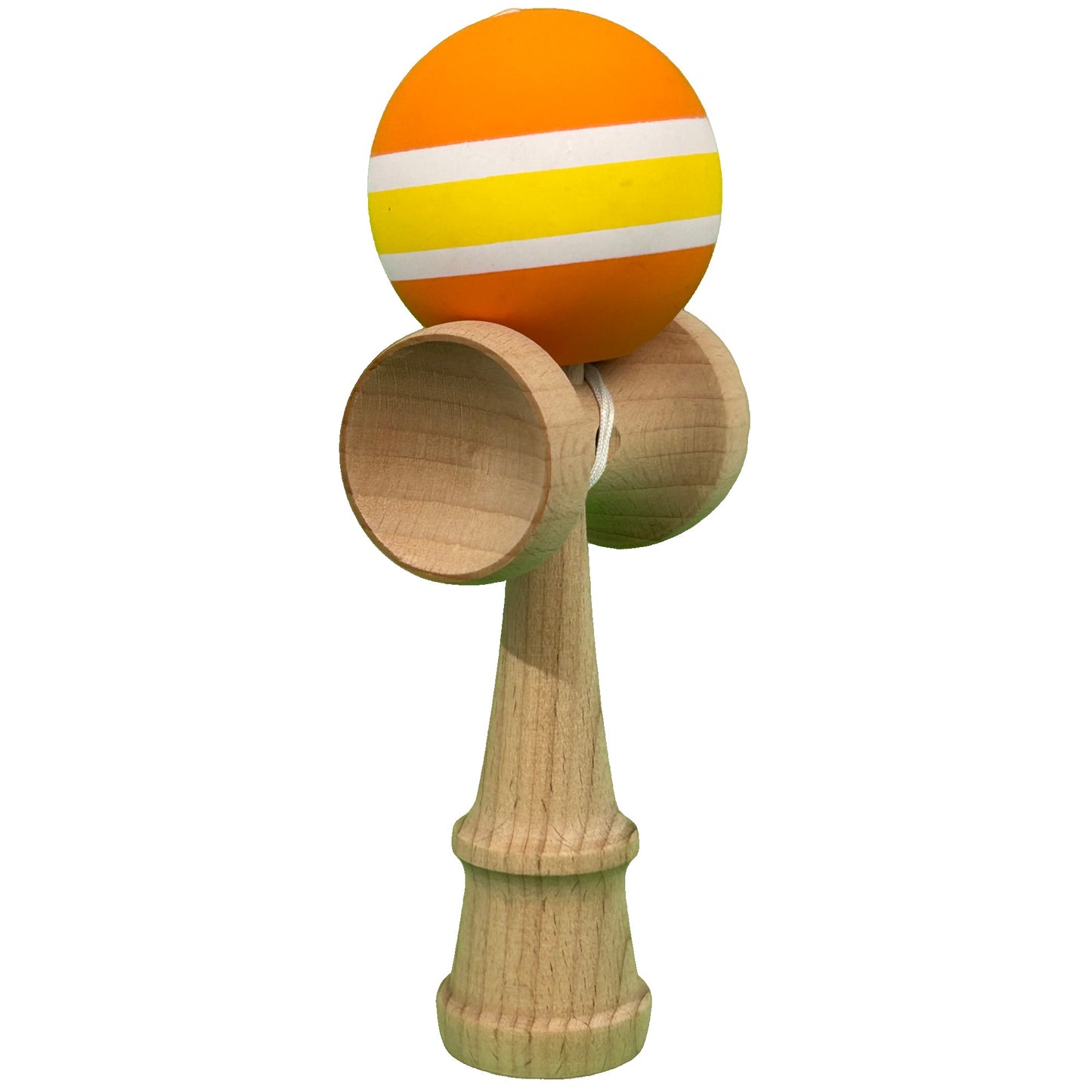 Jucarie Interactiva Kendama Profesionala, din Lemn cu Bila Cauciucata, 18 x 6 x 7 cm, Joc de Indemanare pentru Copii si Adulti, Multicolor Portocaliu Galben Alb