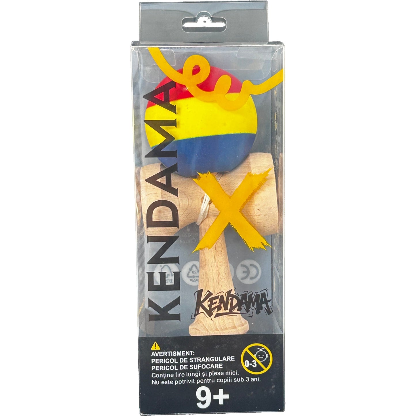 Jucarie Interactiva Kendama Profesionala,din Lemn, 18 cm, Joc de Indemanare pentru Copii si Adulti, Multicolor Rosu Galben Albastru inchis
