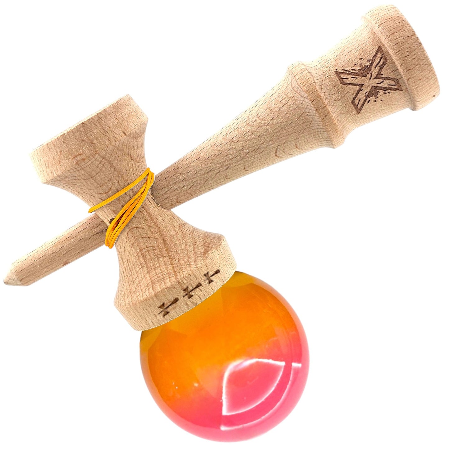 Jucarie Kendama X Originala, Profesionala, Big Cups V2, Super Sticky din Lemn, 18 cm, Gradient Roz/Portocaliu/Galben