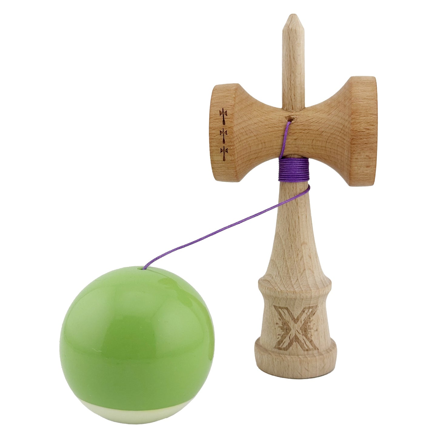 Kendama X Originala, Profesionala, Big Cups V2, Super Sticky cu Cupe Mari, din lemn 18 cm, Rulment Metalic cu Ata 55 cm, Verde deschis/Alb