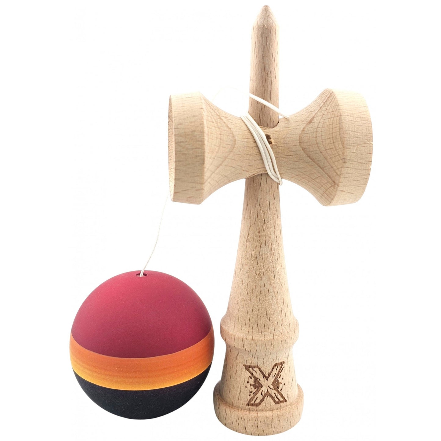 Kendama Originala X, Profesionala, Rubber Grip, din Lemn, 18 cm, Rosu/Galben/Negru
