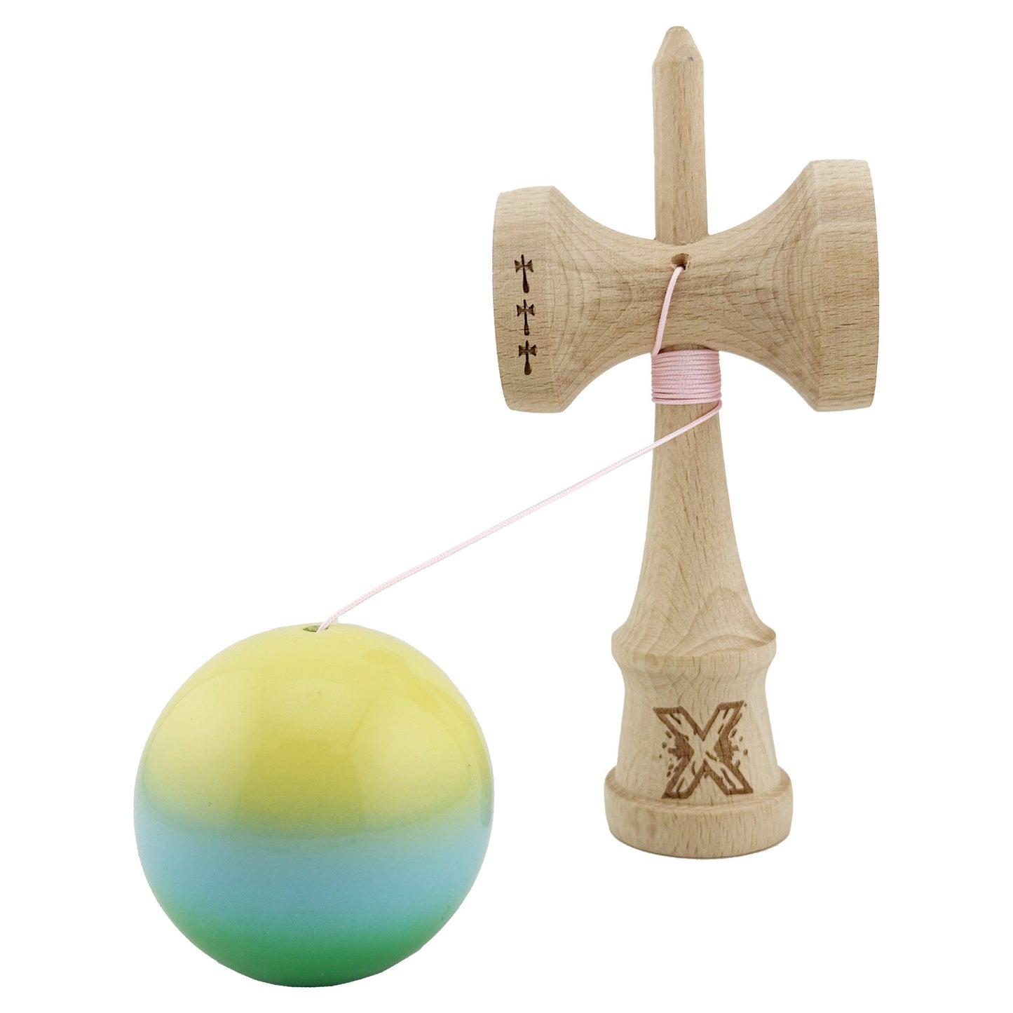 Kendama X Originala, Profesionala, Big Cups V2, Super Sticky cu Cupe Mari, din lemn 18 cm, Rulment Metalic cu Ata 55 cm, Galben/Albastru/Verde