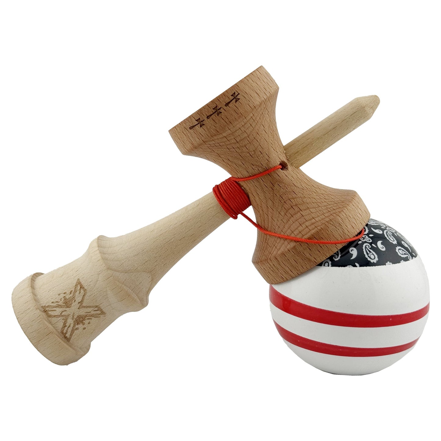 Kendama X CHICANOS Originala, Profesionala, Big Cups V2, Super Sticky cu Cupe Mari, Rulment Metalic, din lemn 18 cm, Ata 55 cm, Negru/Alb