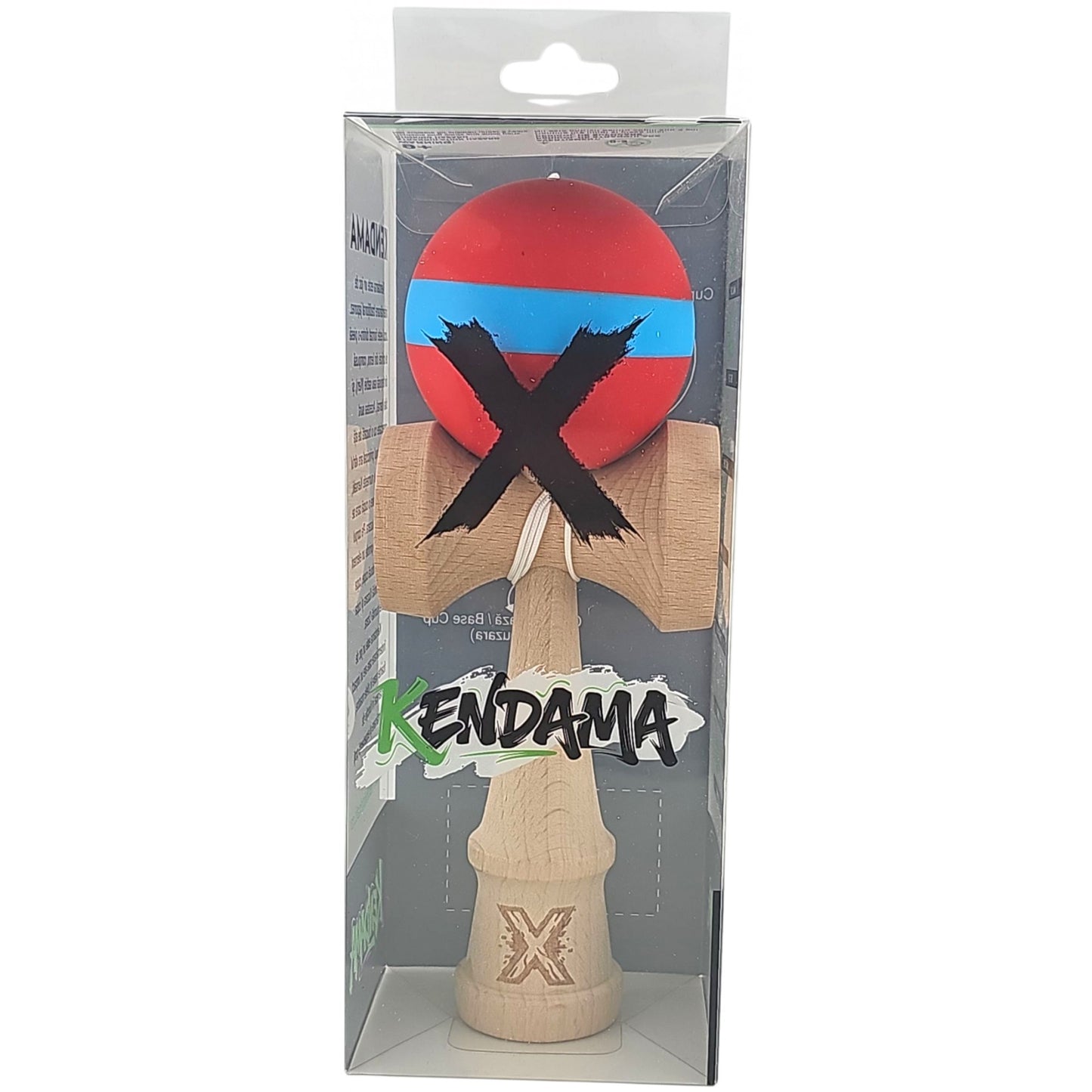 Kendama X Originala, Profesionala, 18 cm, din Lemn, Rubber Grip, Rosu/Albastru