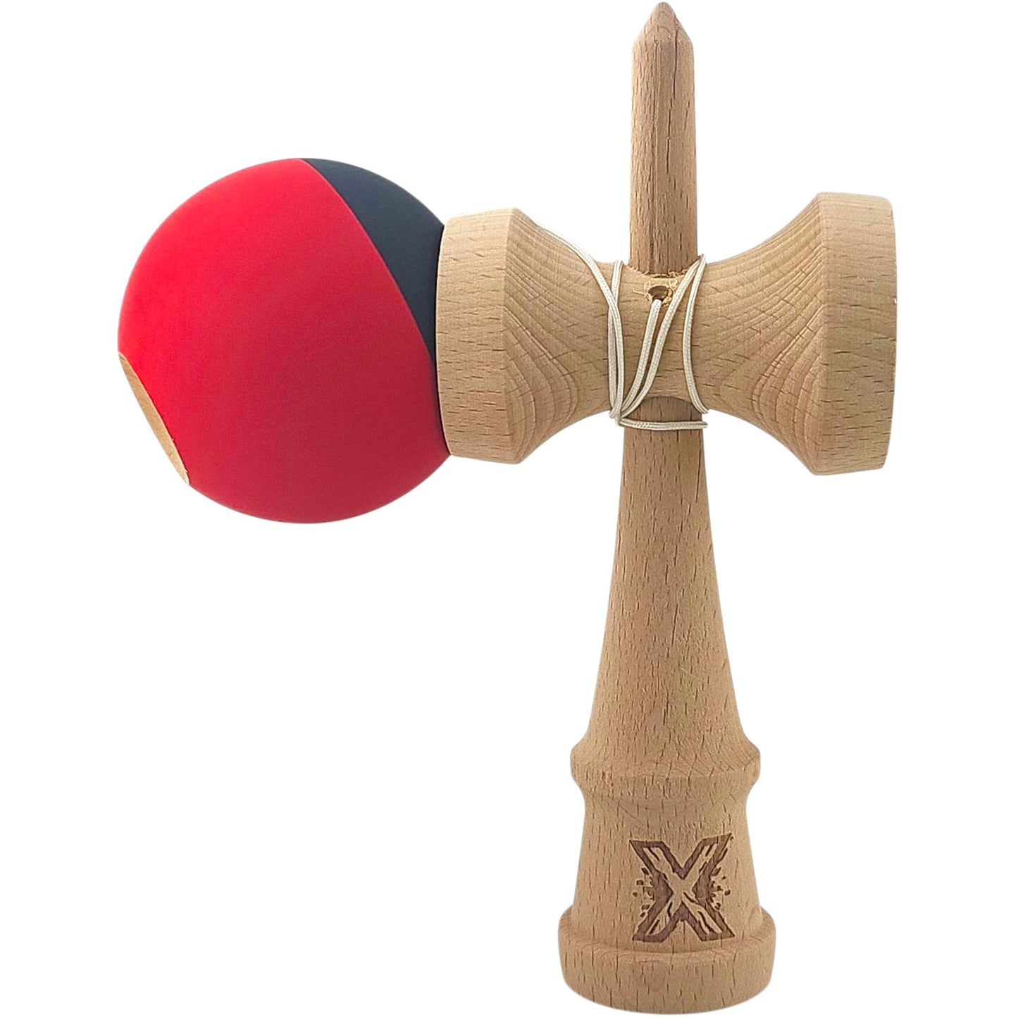 Kendama X Originala, Profesionala, 18 cm, din Lemn, Rubber Grip, Rosu/Negru