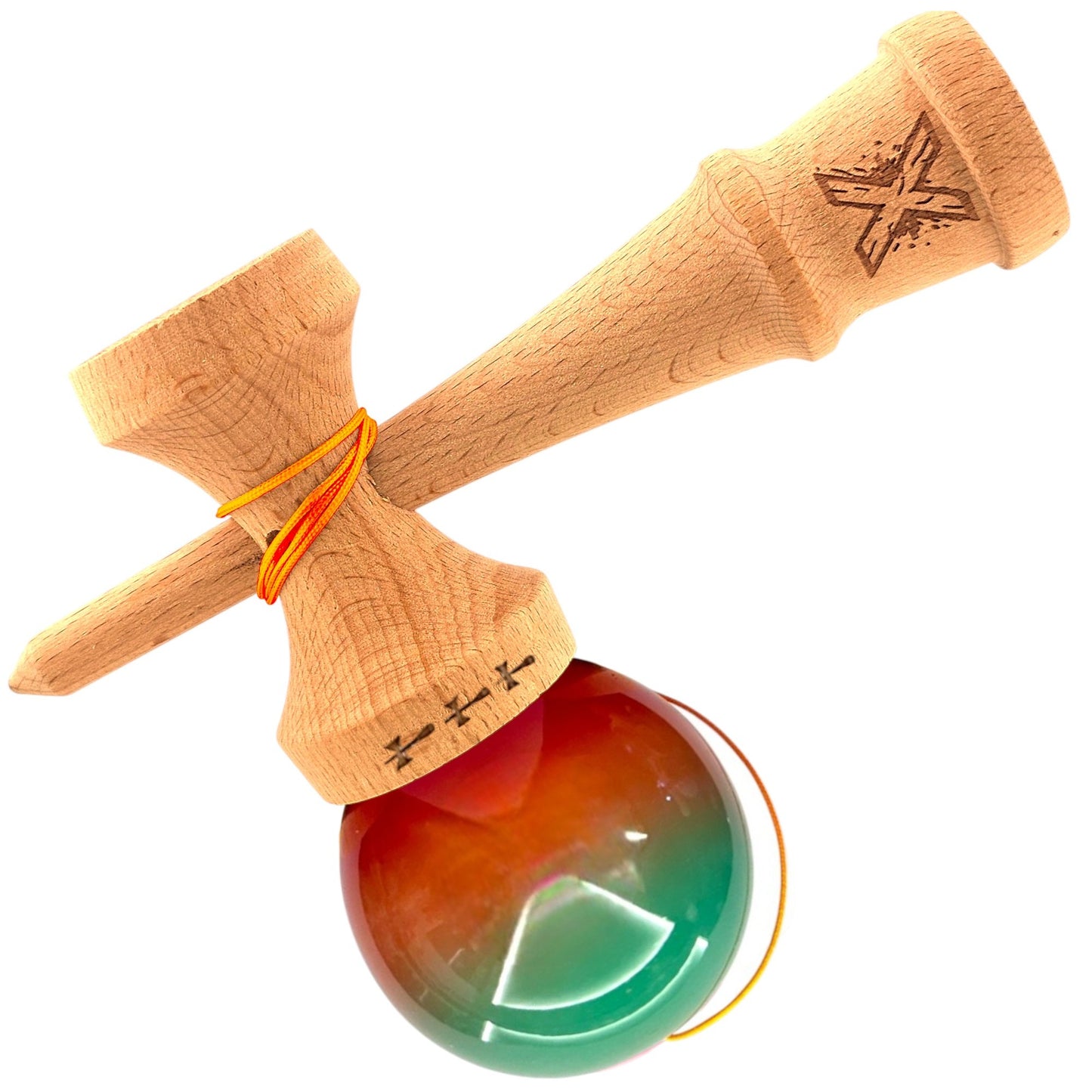 Kendama X Originala, Profesionala, Big Cups V2, Super Sticky din Lemn, 18 cm, Gradient Rosu/Verde