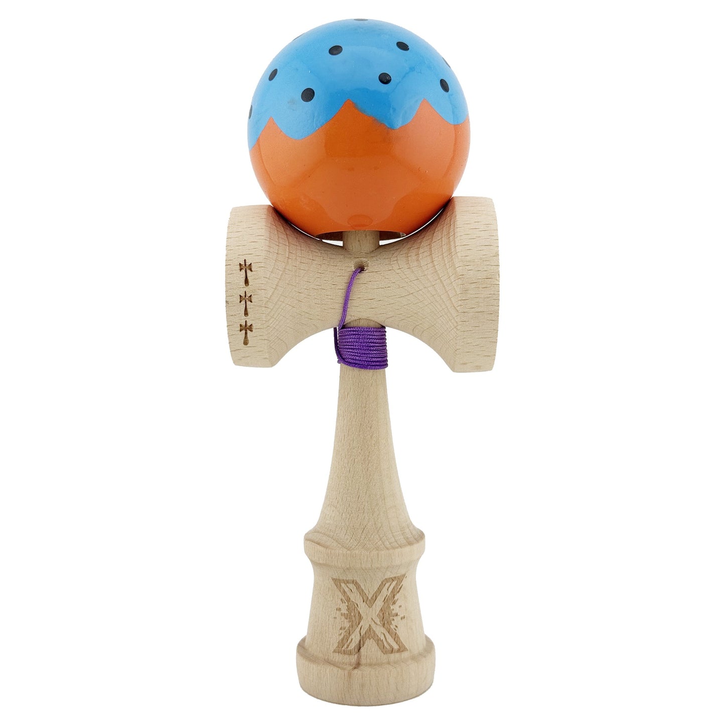 Kendama X Originala, Profesionala, Big Cups V2, Super Sticky cu Cupe Mari, din lemn 18 cm, Rulment Metalic cu Ata 55 cm, Albastru/Portocaliu