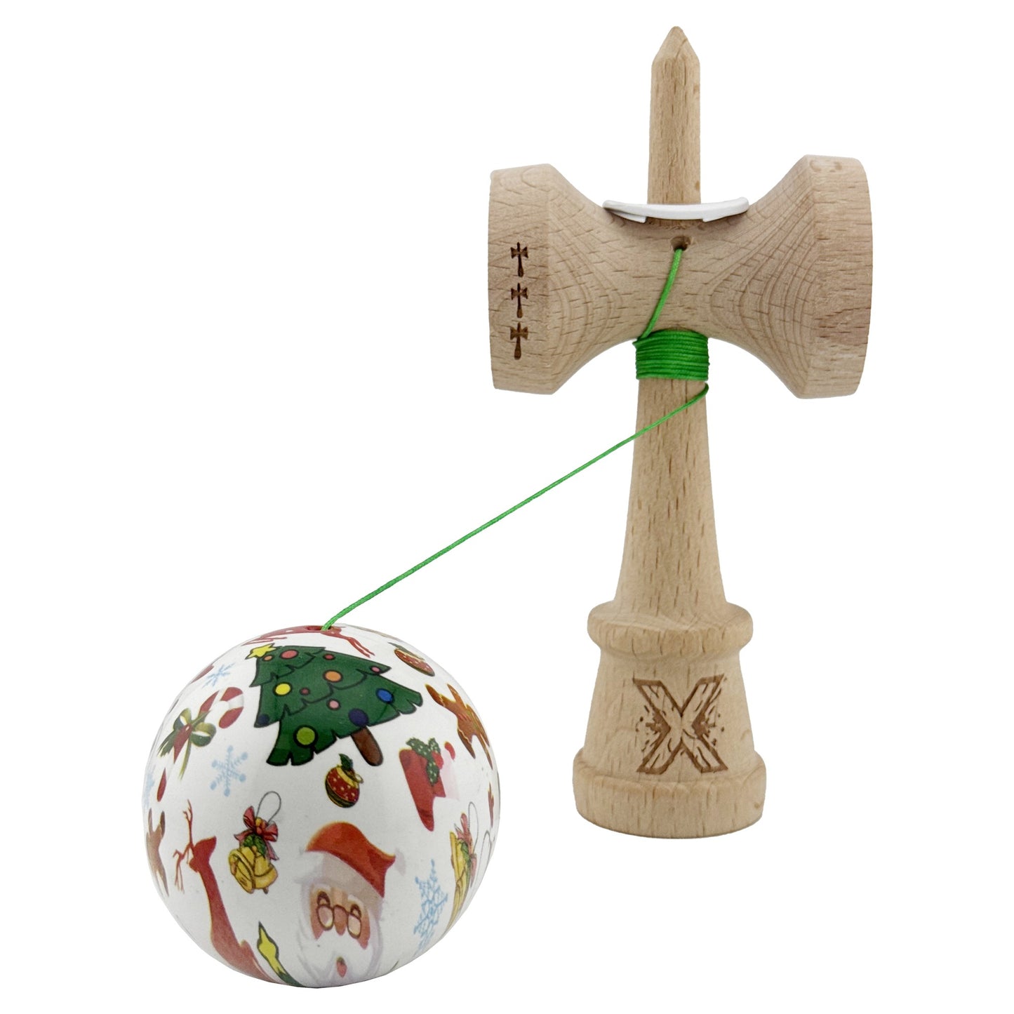 Kendama X Originala, Profesionala,Christmas Edition, Super Sticky cu Cupe Mari KING SIZE V3, Rulment Metalic si Gaura in Baza, din Lemn 18 cm, Ata 55 cm