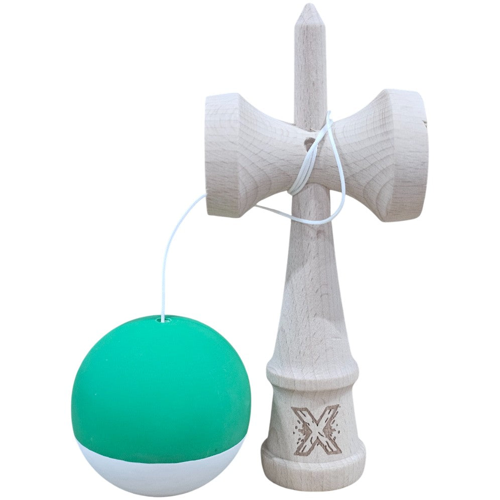 Kendama X Originala, Profesionala, din Lemn, 18 cm, Rubber Grip, Verde Alb