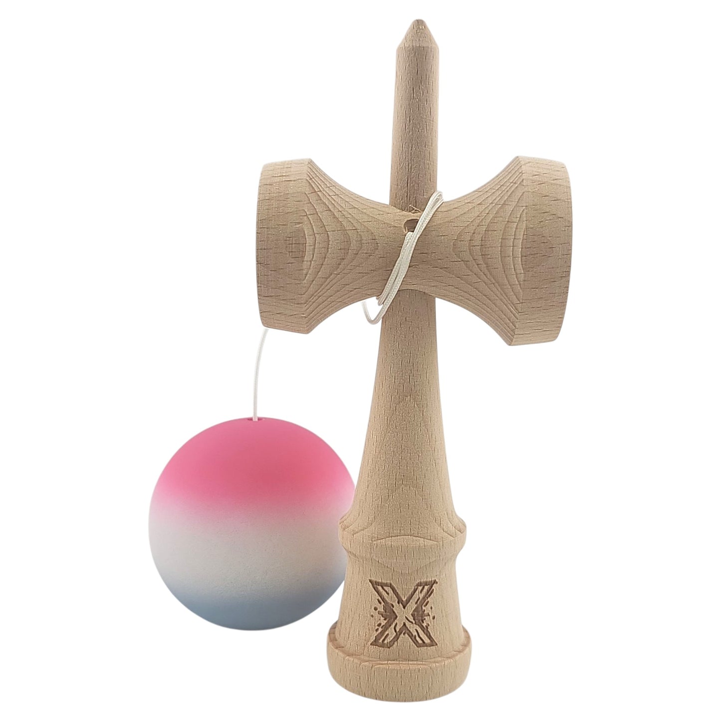 Kendama X Originala, Profesionala, din Lemn, Rubber Grip, 18 cm, Roz/Alb/Gri
