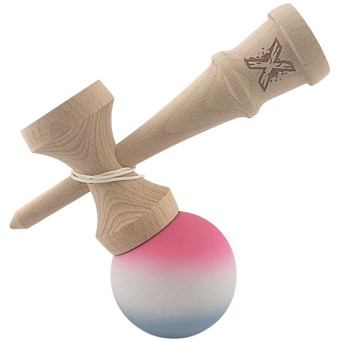Kendama X Originala, Profesionala, din Lemn, Rubber Grip, 18 cm, Roz/Alb/Gri