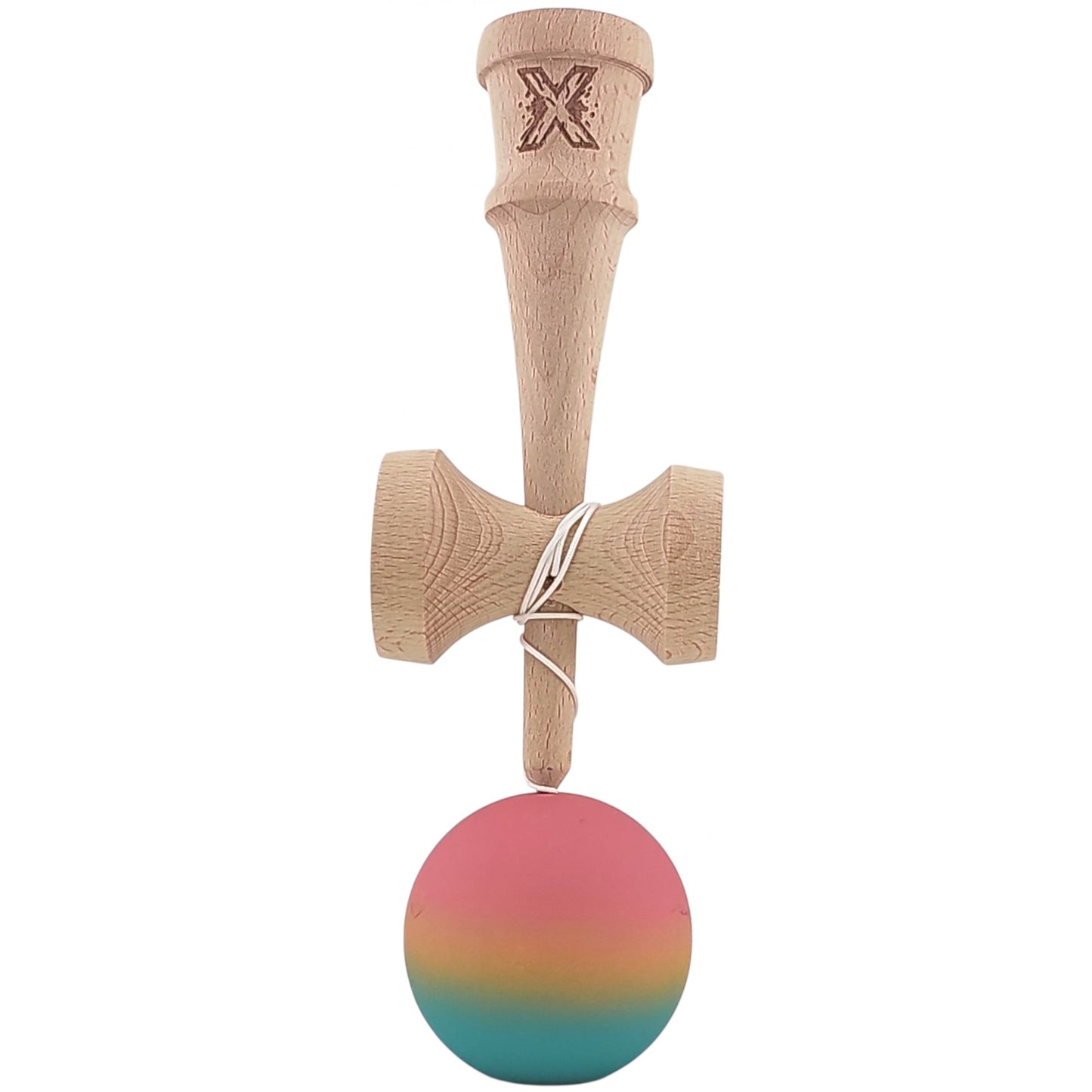 Kendama X Originala, Profesionala, din Lemn, Rubber Grip, 18 cm, Roz/Galben/Albastru