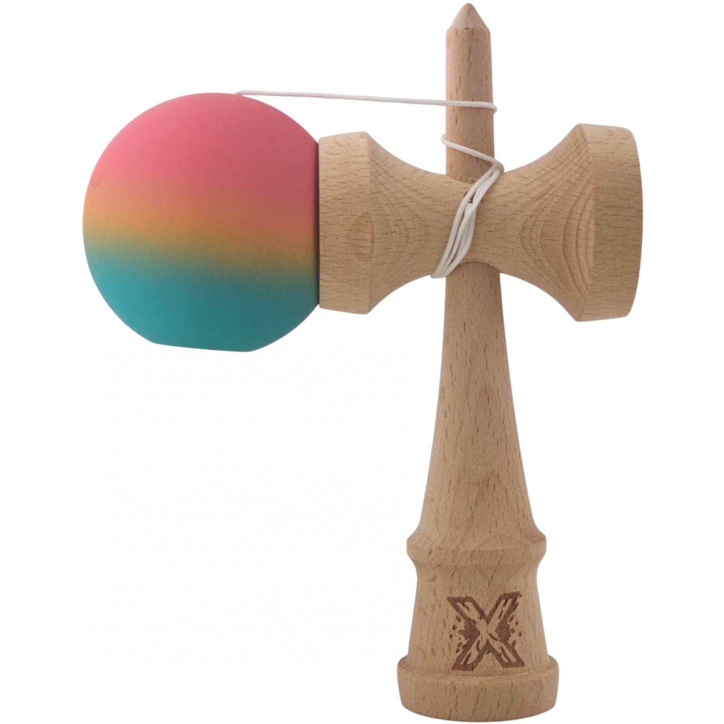 Kendama X Originala, Profesionala, din Lemn, Rubber Grip, 18 cm, Roz/Galben/Albastru