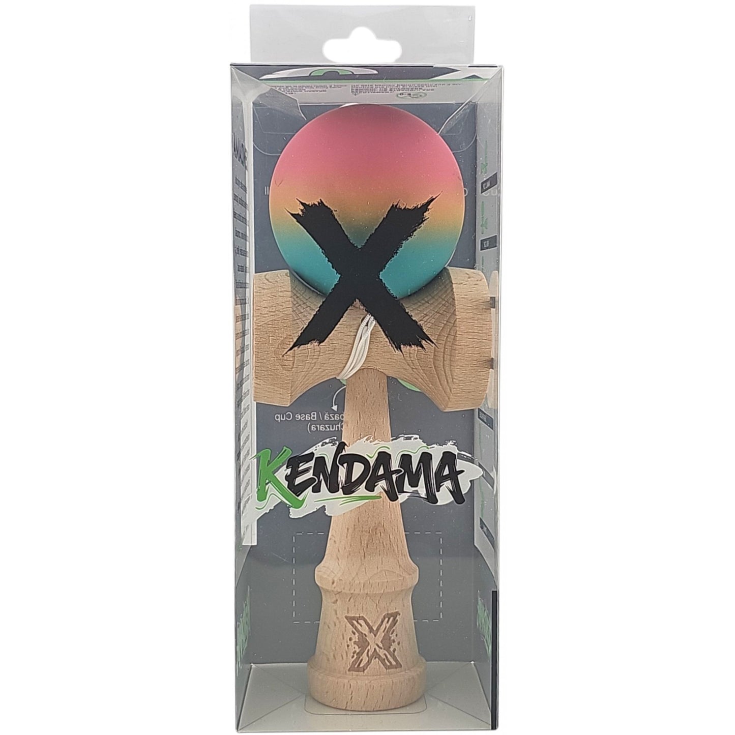 Kendama X Originala, Profesionala, din Lemn, Rubber Grip, 18 cm, Roz/Galben/Albastru