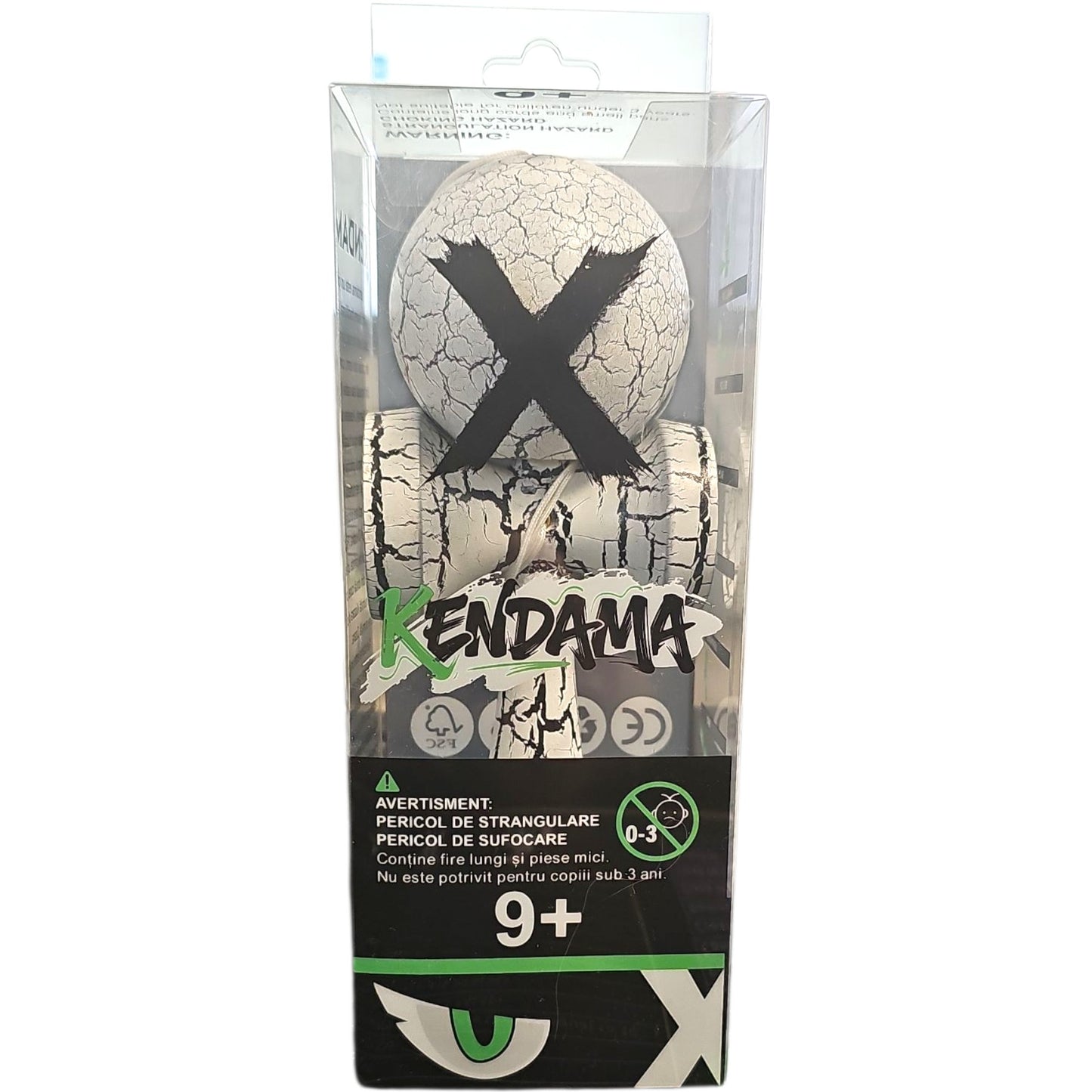 Kendama X Originala, Profesionala, Cracked, din Lemn, 18 cm, Alb/Negru