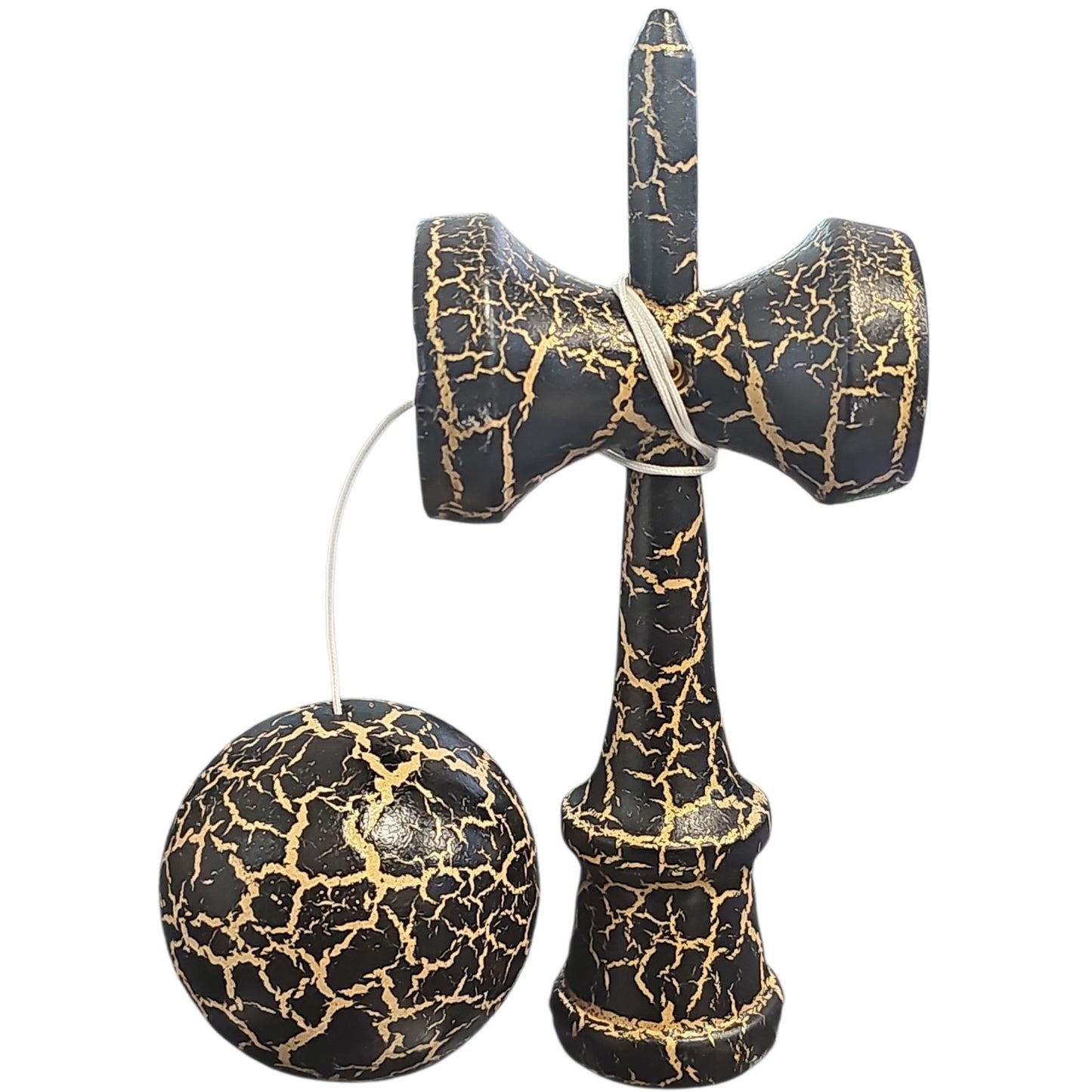 Kendama X Originala, Profesionala, Cracked, din Lemn, 18 cm, Negru/Auriu