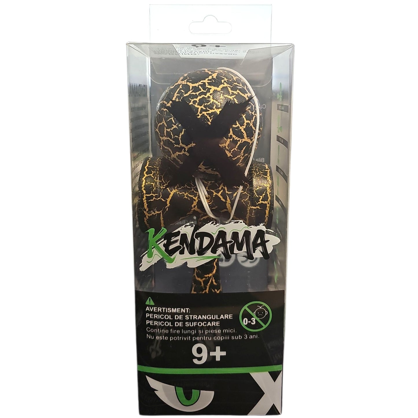Kendama X Originala, Profesionala, Cracked, din Lemn, 18 cm, Negru/Auriu